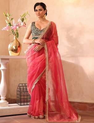 Pink organza heavy ceremonial wear saree 1