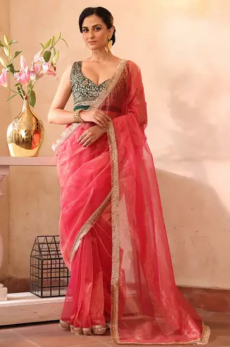 Pink color organza fabric heavy ceremonial wear bollywood saree