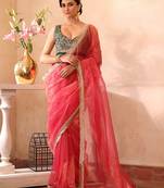 Pink color organza fabric heavy ceremonial wear bollywood saree