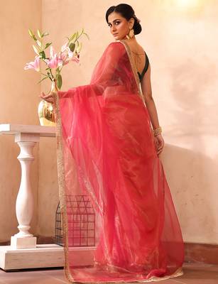 Pink organza heavy ceremonial wear saree 2