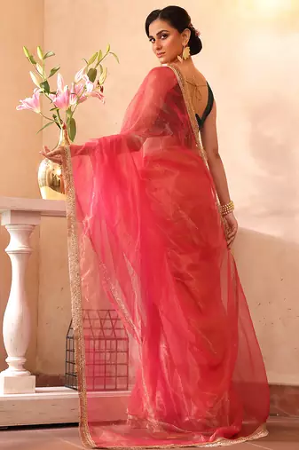 Pink organza heavy ceremonial wear saree