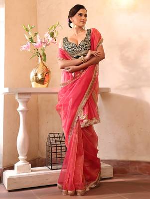 Pink organza heavy ceremonial wear saree 4