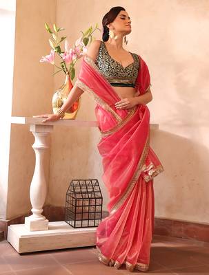 Pink organza heavy ceremonial wear saree 5