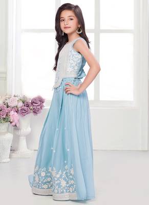 Aqua blue shimmer georgette embriodered blouse and flared palazzo with dupatta 2