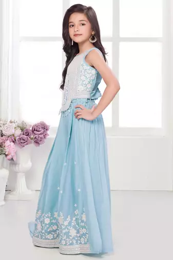 Aqua blue shimmer georgette embriodered blouse and flared palazzo with dupatta
