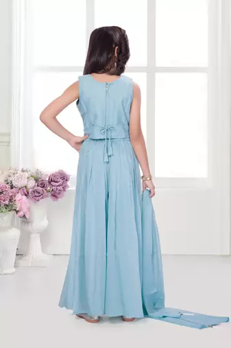 Aqua blue shimmer georgette embriodered blouse and flared palazzo with dupatta