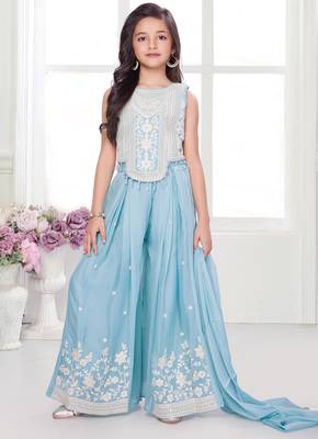 Aqua blue shimmer georgette embriodered blouse and flared palazzo with dupatta 1