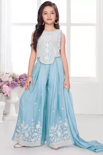 Aqua blue shimmer georgette embriodered blouse and flared palazzo with dupatta