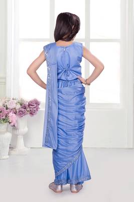Skyblue shimmer lycra embriodered blouse ready saree 2