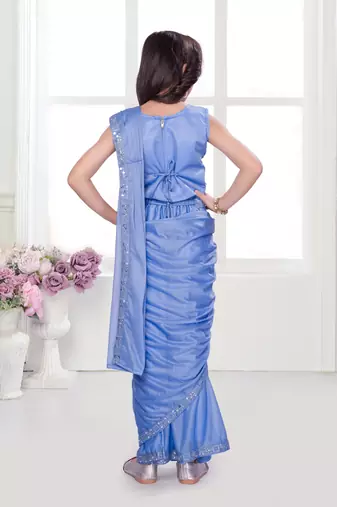 Skyblue shimmer lycra embriodered blouse ready saree