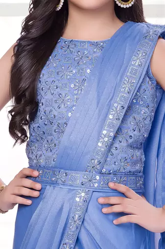 Skyblue shimmer lycra embriodered blouse ready saree