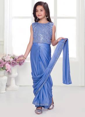 Skyblue shimmer lycra embriodered blouse ready saree 5