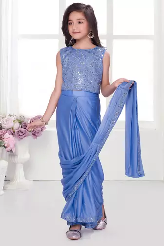 Skyblue shimmer lycra embriodered blouse ready saree