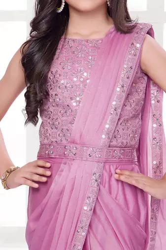 Onion pink shimmer lycra embriodered blouse ready saree