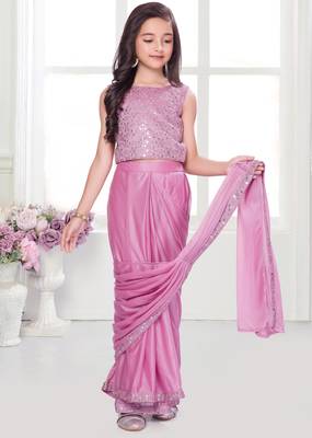 Onion pink shimmer lycra embriodered blouse ready saree 5