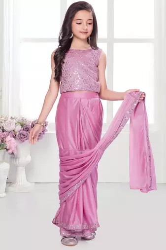 Onion pink shimmer lycra embriodered blouse ready saree