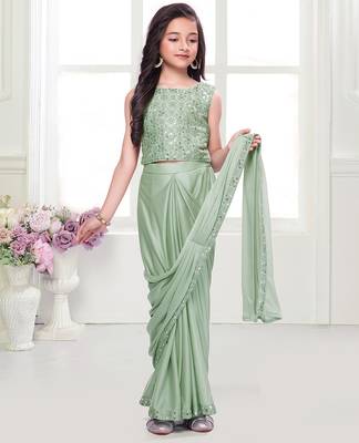 Olive green  shimmer lycra embriodered blouse ready saree 1