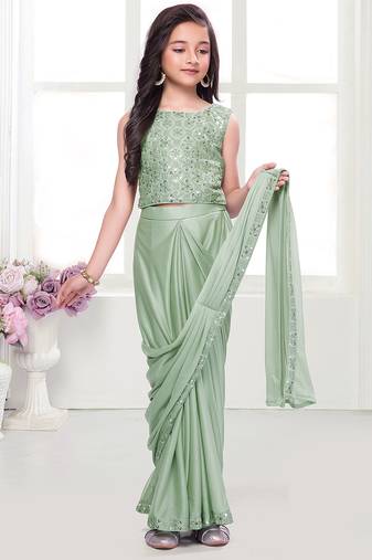 Olive green  shimmer lycra embriodered blouse ready saree