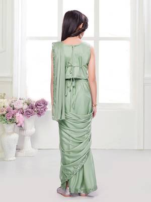 Olive green  shimmer lycra embriodered blouse ready saree 2