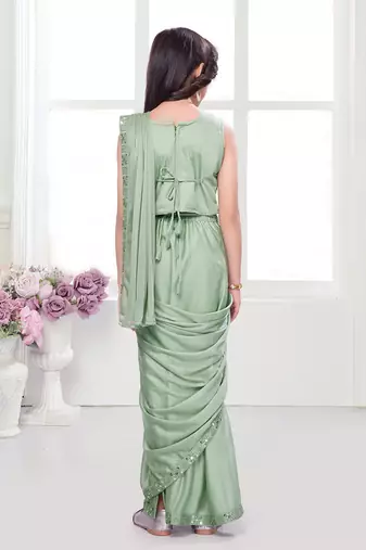 Olive green  shimmer lycra embriodered blouse ready saree