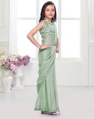 Olive green  shimmer lycra embriodered blouse ready saree 3