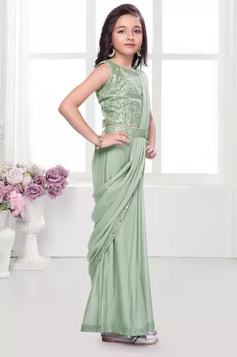 Olive green  shimmer lycra embriodered blouse ready saree