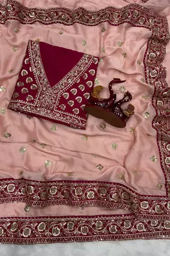 Soft Rangoli Silk Blend Sequins and Dori embroidery worked Saree With Blouse Set For Women's
