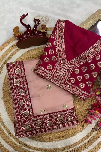 Soft Rangoli Silk Blend Sequins and Dori embroidery worked Saree With Blouse Set For Women's
