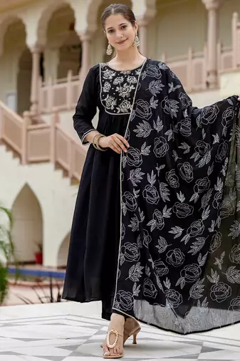 Women Beautiful Embroidery work Chinon Fabric with Flared Kurta, Pant and Dupatta Set