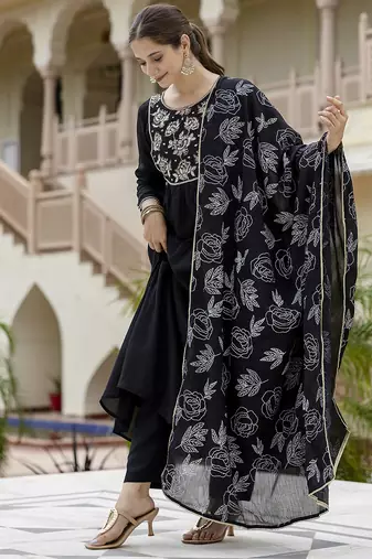 Women Beautiful Embroidery work Chinon with Flared Kurta Pant and Dupatta Set