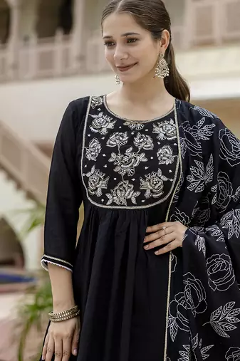 Women Beautiful Embroidery work Chinon with Flared Kurta Pant and Dupatta Set