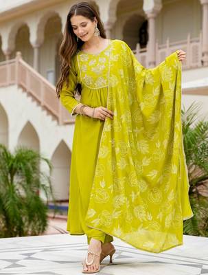Women Beautiful Embroidery work Chinon with Flared Kurta Pant and Dupatta Set 1