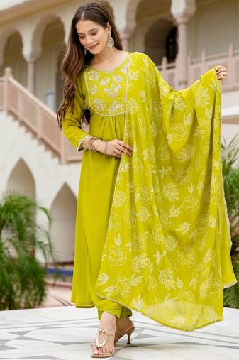 Women Beautiful Embroidery work Chinon Fabric with Flared Kurta, Pant and Dupatta Set