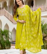 Women Beautiful Embroidery work Chinon Fabric with Flared Kurta, Pant and Dupatta Set