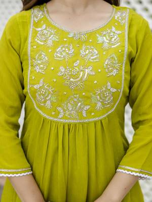 Women Beautiful Embroidery work Chinon with Flared Kurta Pant and Dupatta Set 2