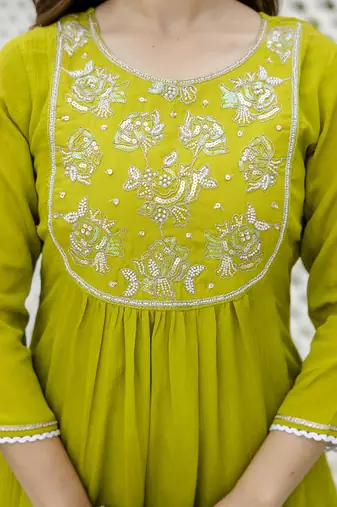 Women Beautiful Embroidery work Chinon with Flared Kurta Pant and Dupatta Set