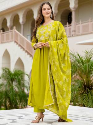 Women Beautiful Embroidery work Chinon with Flared Kurta Pant and Dupatta Set 3