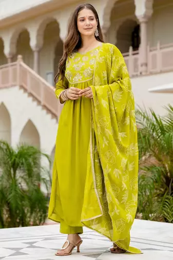 Women Beautiful Embroidery work Chinon with Flared Kurta Pant and Dupatta Set
