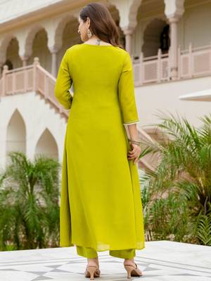 Women Beautiful Embroidery work Chinon with Flared Kurta Pant and Dupatta Set 4