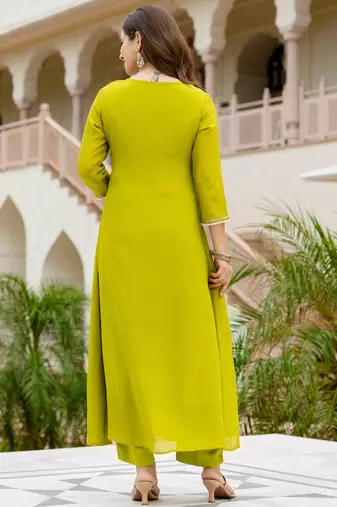 Women Beautiful Embroidery work Chinon with Flared Kurta Pant and Dupatta Set