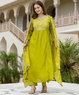 Women Beautiful Embroidery work Chinon with Flared Kurta Pant and Dupatta Set 5