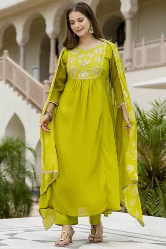 Women Beautiful Embroidery work Chinon with Flared Kurta Pant and Dupatta Set