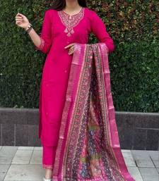 Rani pink premium roman silk suit with heavy lichi jacquard dupatta