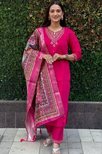 Rani pink premium roman silk suit with heavy lichi jacquard dupatta