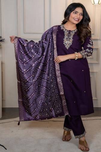 Dark purple premium roman silk suit with heavy lichi jacquard dupatta