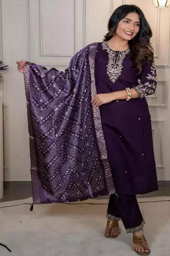 Dark purple premium roman silk suit with heavy lichi jacquard dupatta