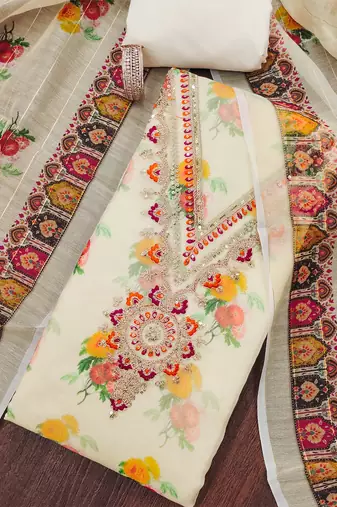 embroidered floral dress material set with dupatta