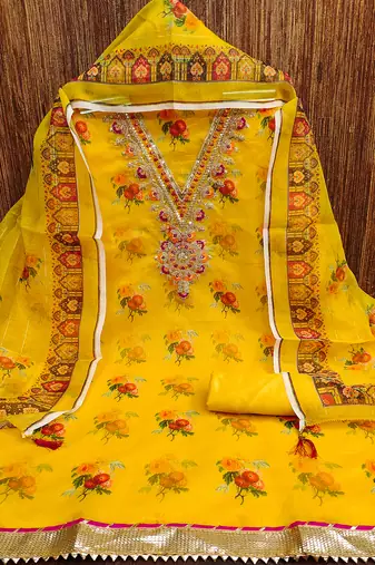 embroidered floral dress material set with dupatta