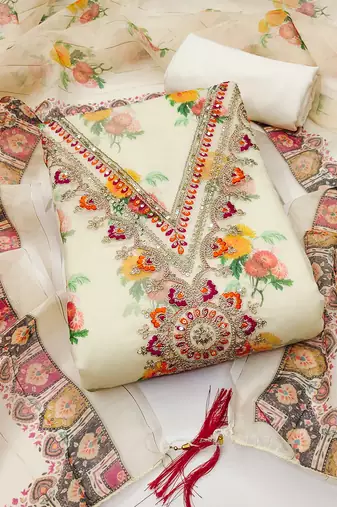 embroidered floral dress material set with dupatta