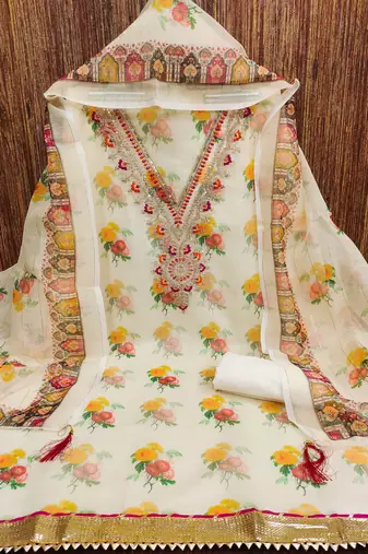 embroidered floral dress material set with dupatta